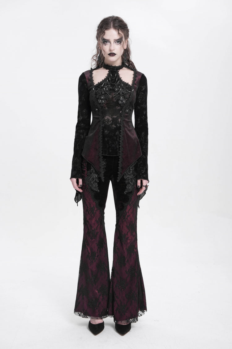 Victorian Lolita Blouse - Trumpet Jacquard Cutout, Red, Women's Style, Long Sleeves - additional product view 6