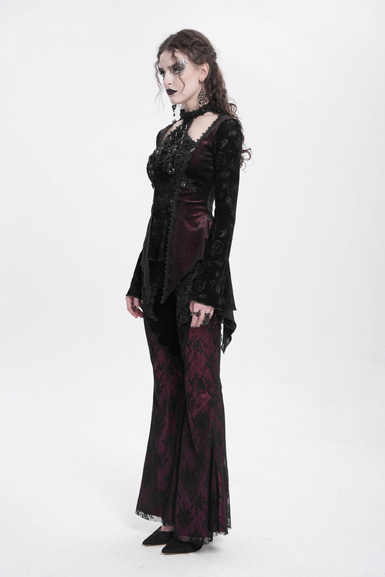 Victorian Lolita Blouse - Trumpet Jacquard Cutout, Red, Women's Style, Long Sleeves - additional product view 7