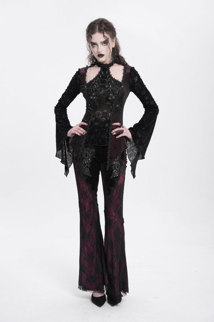 Victorian Lolita Blouse - Trumpet Jacquard Cutout, Red, Women's Style, Long Sleeves - additional product view 8