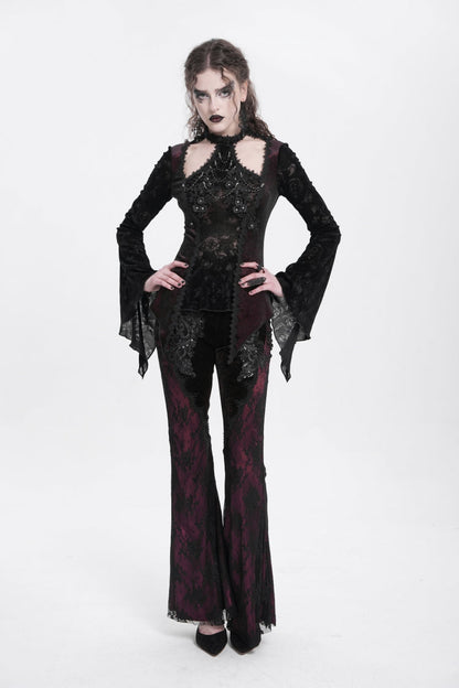 Victorian Lolita Blouse - Trumpet Jacquard Cutout, Red, Women's Style, Long Sleeves - additional product view 8