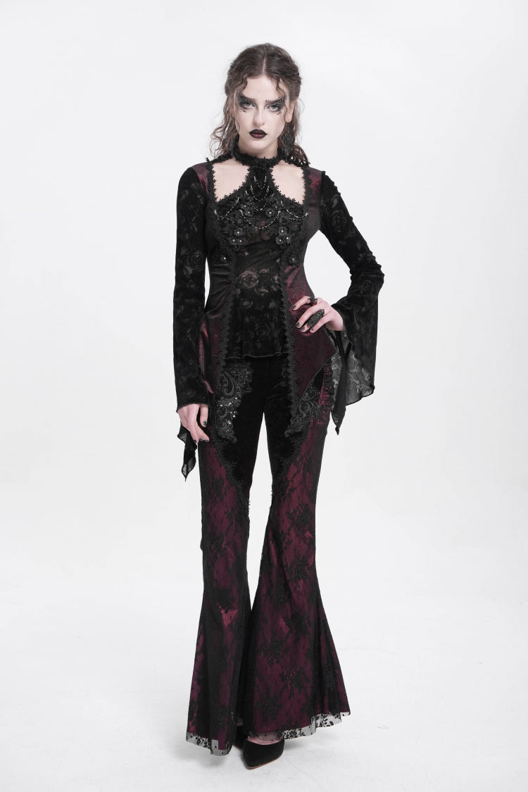 Victorian Lolita Blouse - Trumpet Jacquard Cutout, Red, Women's Style, Long Sleeves - additional product view 9