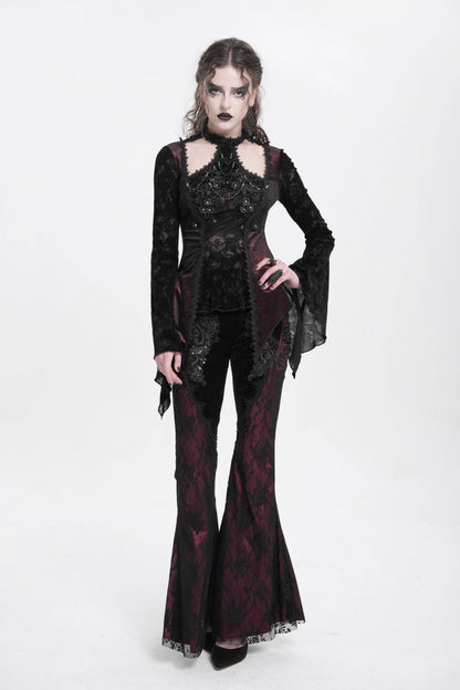 Victorian Lolita Blouse - Trumpet Jacquard Cutout, Red, Women's Style, Long Sleeves - additional product view 9