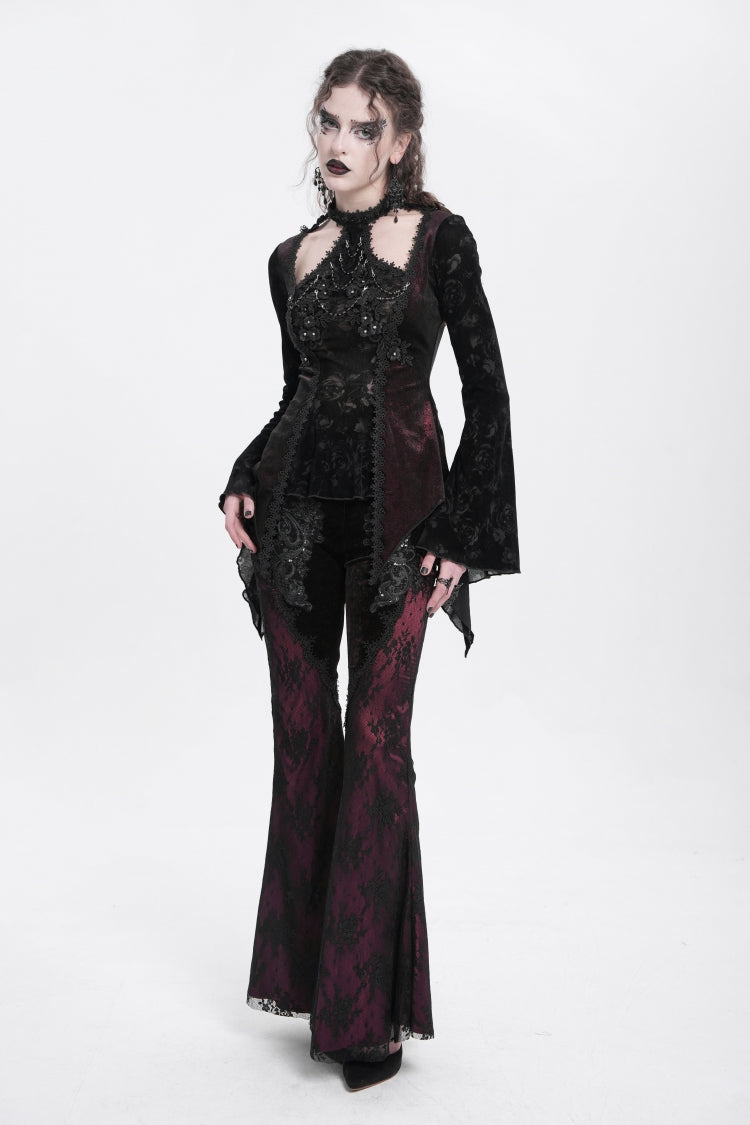 Victorian Lolita Blouse - Trumpet Jacquard Cutout, Red, Women's Style, Long Sleeves - additional product view 10