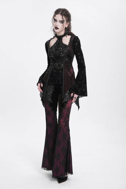 Victorian Lolita Blouse - Trumpet Jacquard Cutout, Red, Women's Style, Long Sleeves - additional product view 10