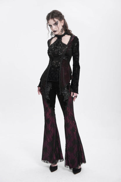 Victorian Lolita Blouse - Trumpet Jacquard Cutout, Red, Women's Style, Long Sleeves - additional product view 12