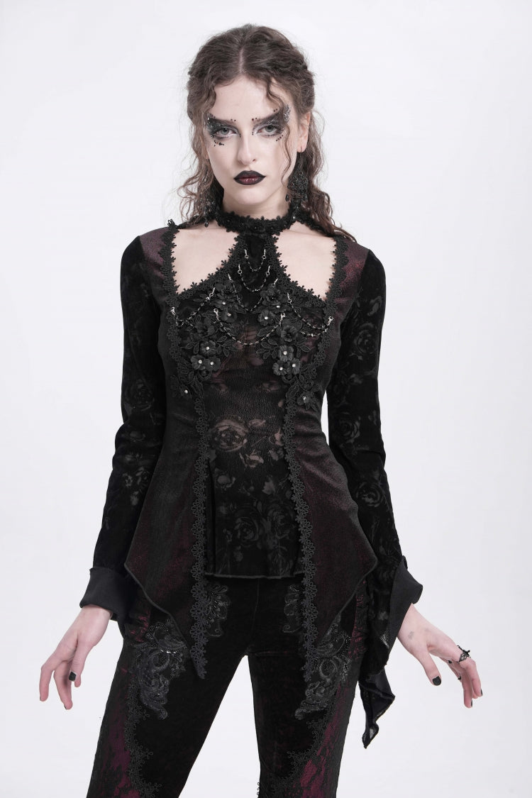 Victorian Lolita Blouse - Trumpet Jacquard Cutout, Red, Women's Style, Long Sleeves - main product image
