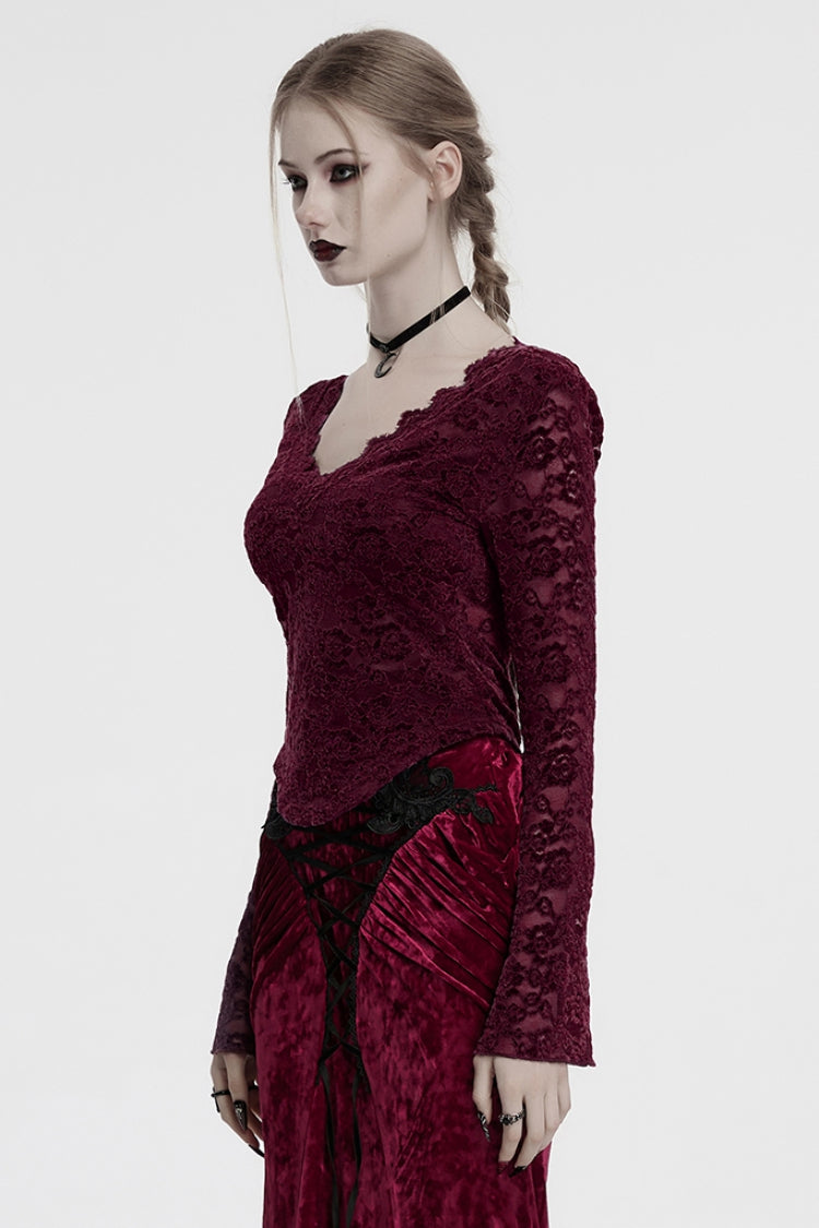 Victorian Lolita Blouse - V Collar Lace Sheer, Red, Women's Style, Lace Trim, Long Sleeves - additional product view 2
