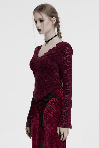 Victorian Lolita Blouse - V Collar Lace Sheer, Red, Women's Style, Lace Trim, Long Sleeves - additional product view 2