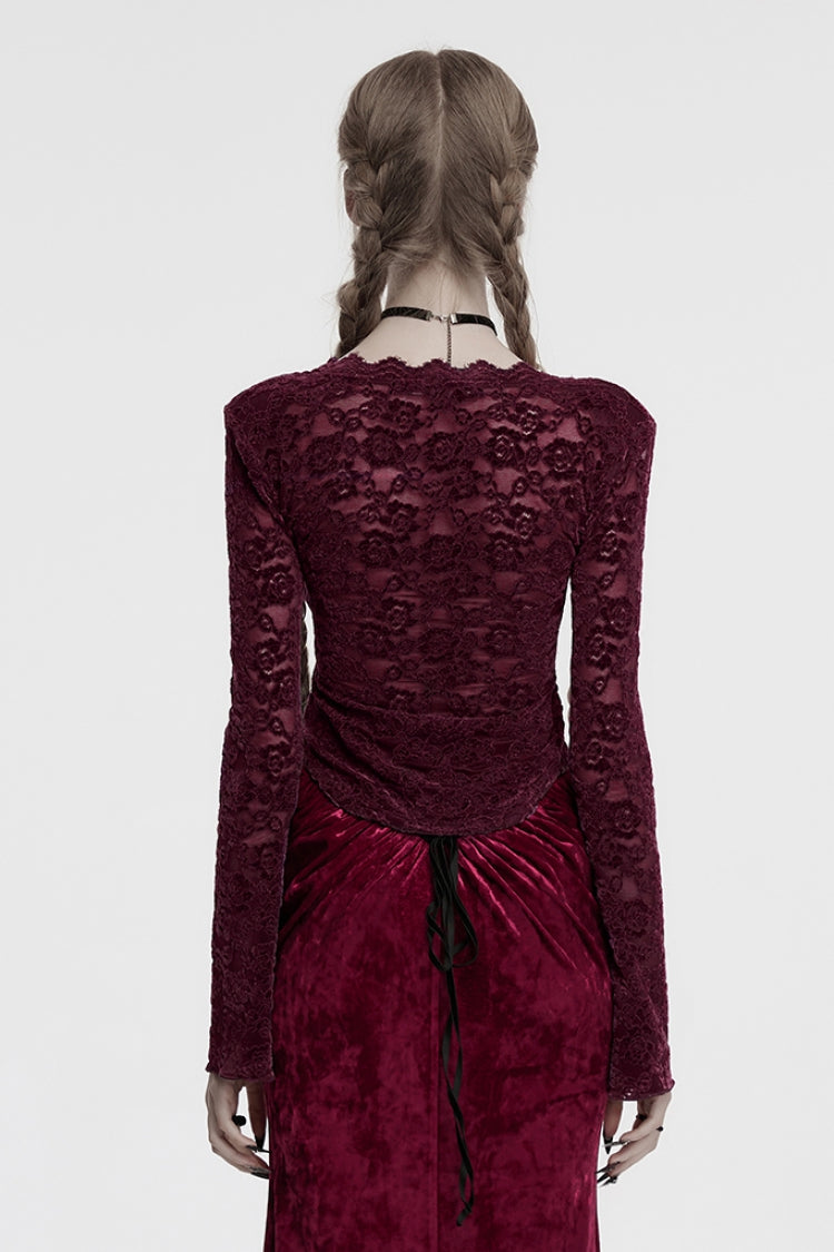 Victorian Lolita Blouse - V Collar Lace Sheer, Red, Women's Style, Lace Trim, Long Sleeves - additional product view 3