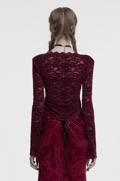 Victorian Lolita Blouse - V Collar Lace Sheer, Red, Women's Style, Lace Trim, Long Sleeves - additional product view 3