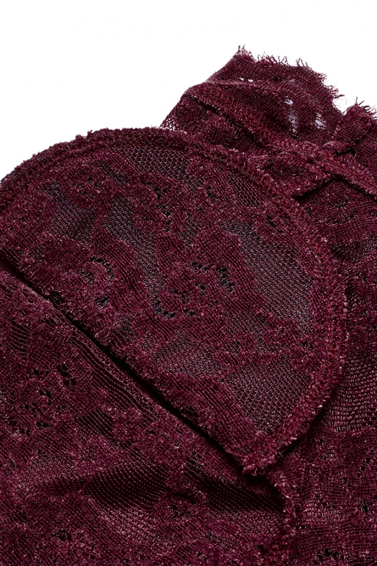 Victorian Lolita Blouse - V Collar Lace Sheer, Red, Women's Style, Lace Trim, Long Sleeves - additional product view 7
