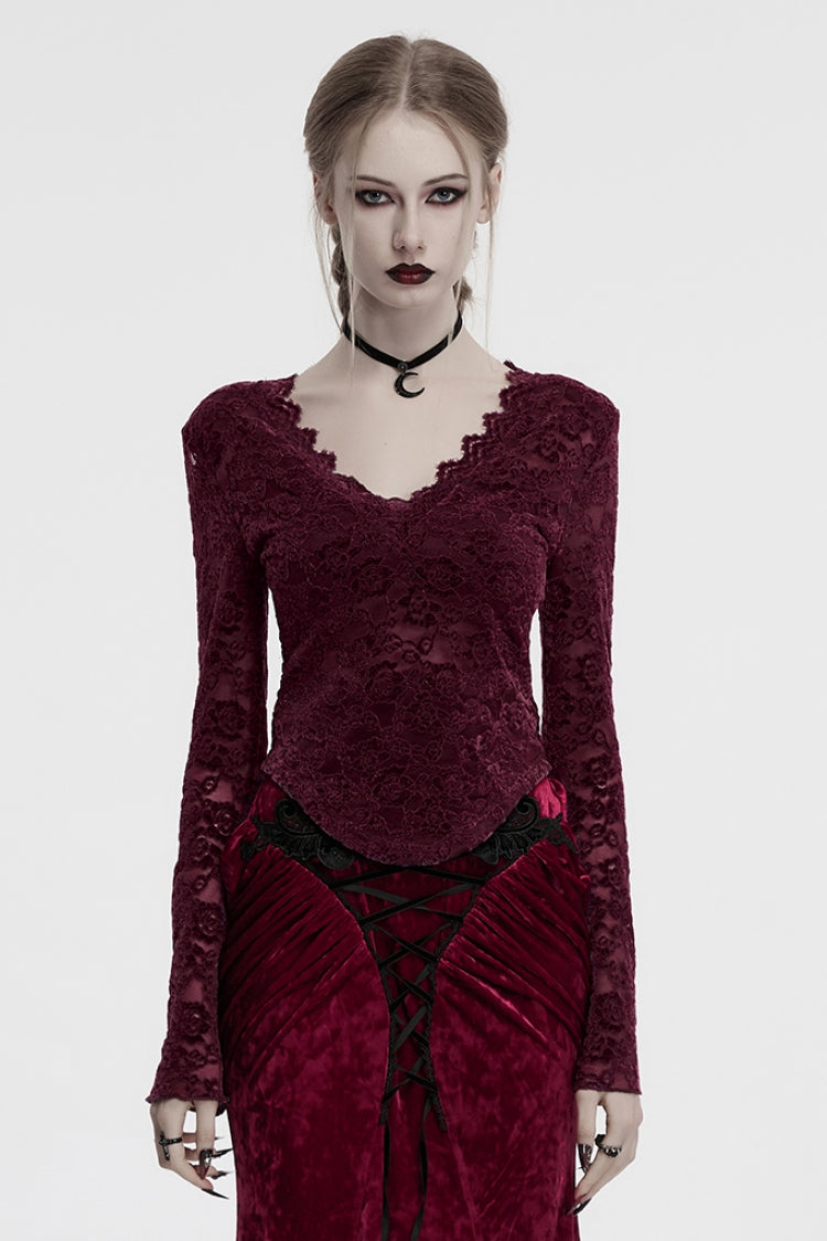 Victorian Lolita Blouse - V Collar Lace Sheer, Red, Women's Style, Lace Trim, Long Sleeves - main product image